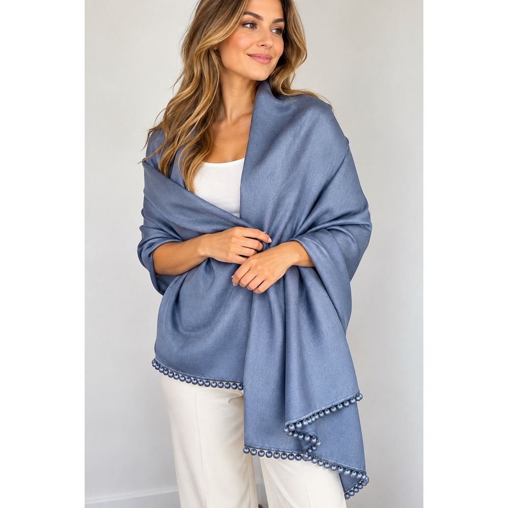 BAJRA Cashmere Silk Shawl Wrap Handmade Nepal Blue Pom Pom Trim Luxury Scarf